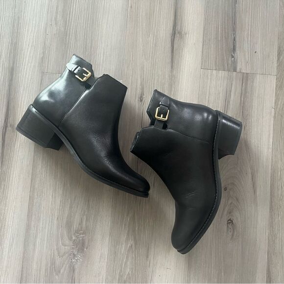 Cole Haan Black Heeled Boots with Gold Buckle - Picture 1 of 6